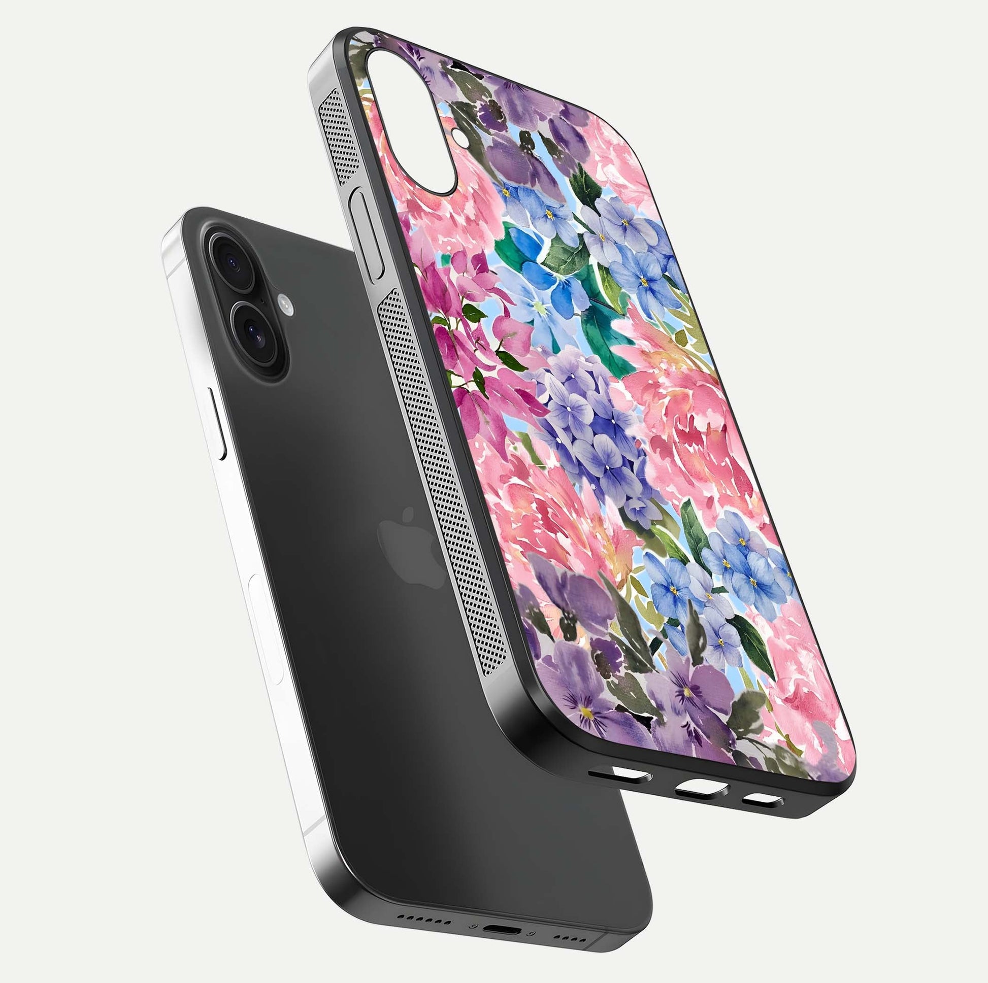 Pastel Floral Mix Glass Case for iPhone 16 floating dual-view mockup showing HD gloss and floral texture