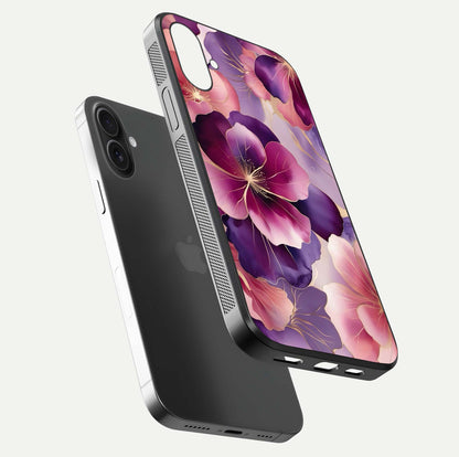 Pink Bouquet Florals Glass Case for iPhone 16 floating dual-view mockup showing gloss surface and color depth
