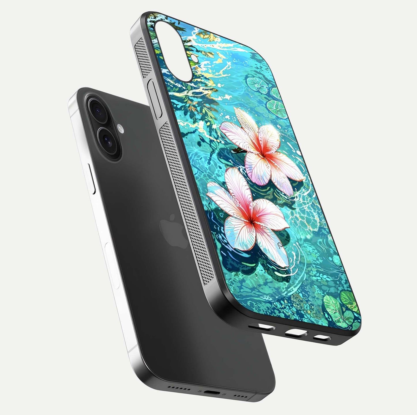 Pink Flowers in Water Glass Case for iPhone 16 floating dual-view mockup showing gloss and floral clarity