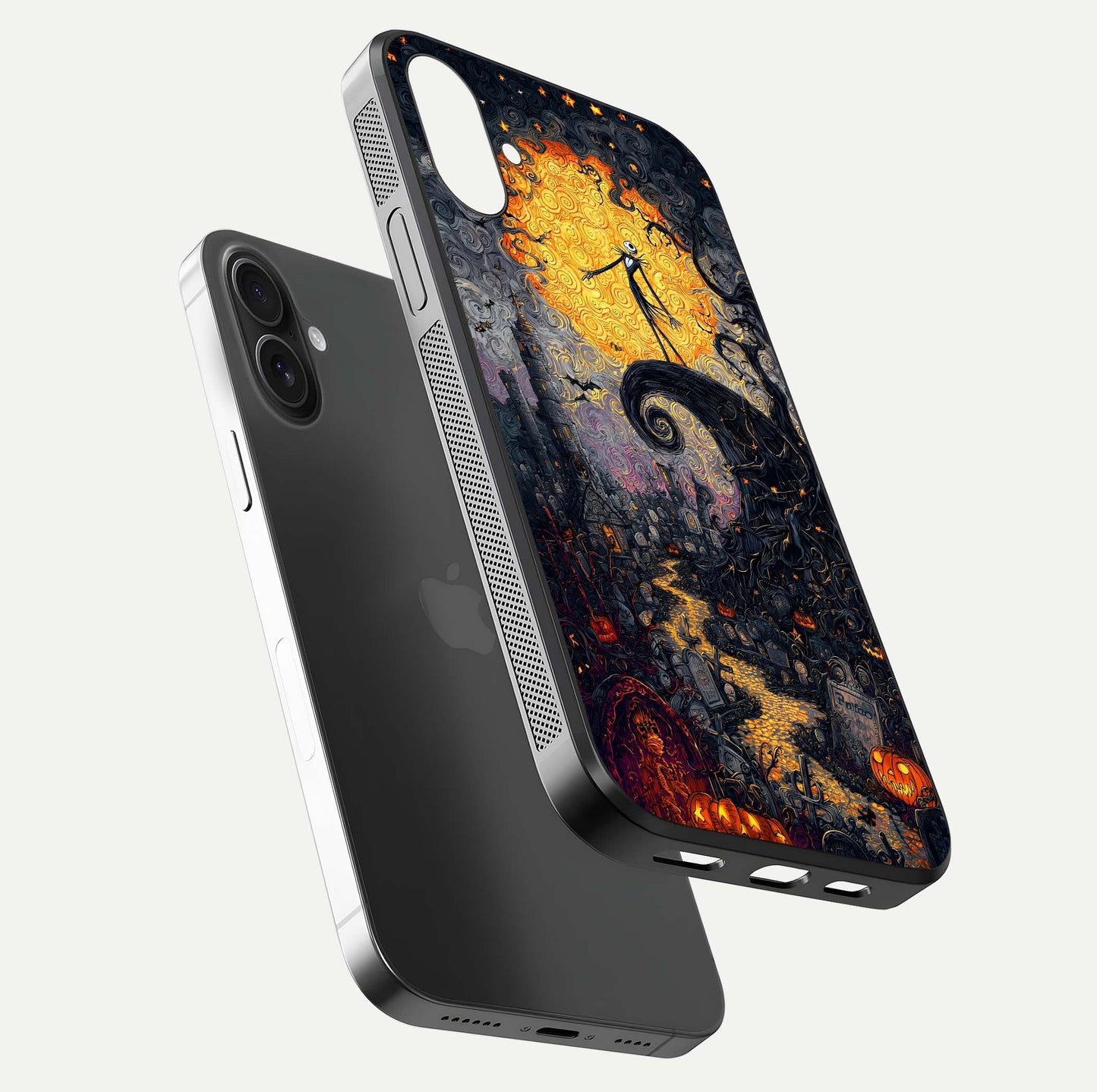 Pumpkin Moonlight Tale Glass Case for iPhone 16 floating dual-view mockup showing HD gloss and eerie design