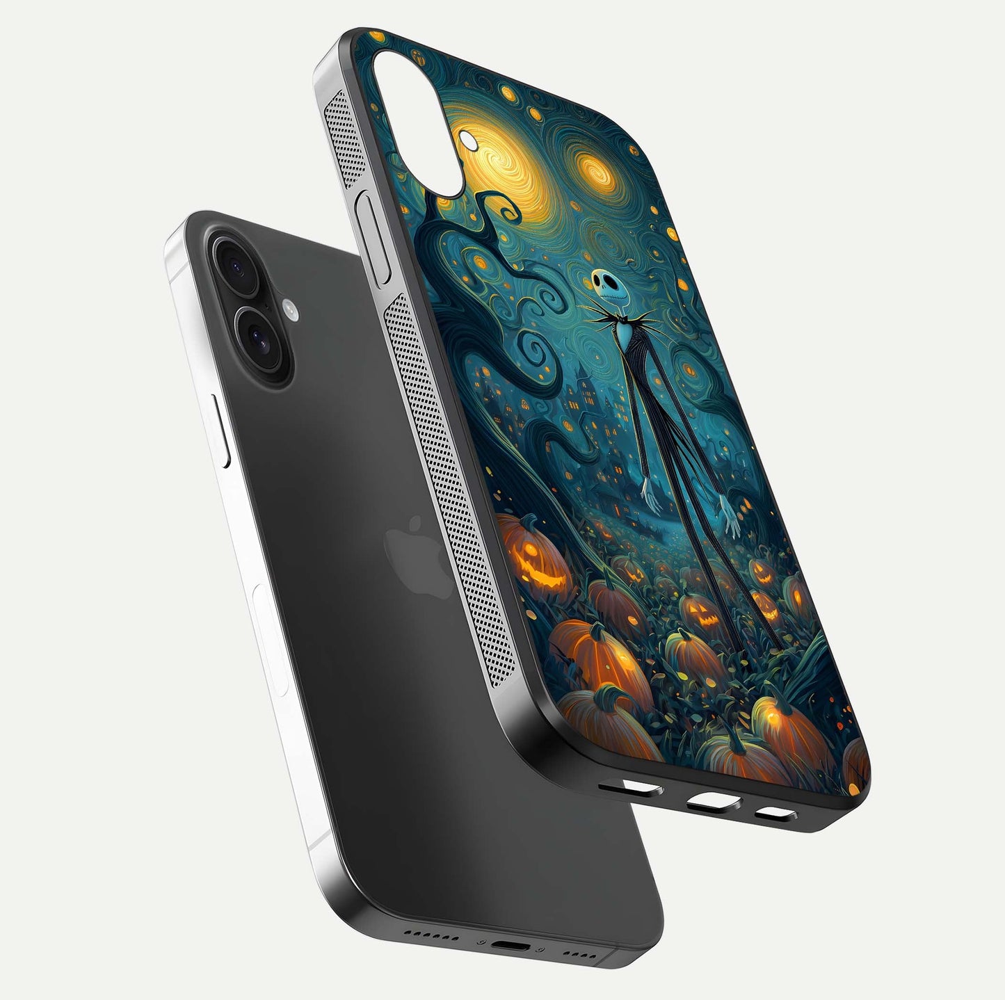 Pumpkin Moon Night Glass Case for iPhone 16 floating dual-view mockup showing HD gloss and spooky detail