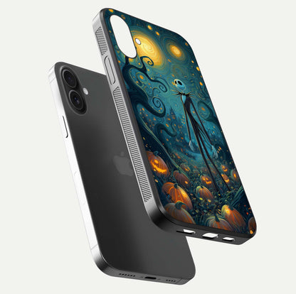 Pumpkin Moon Night Glass Case for iPhone 16 floating dual-view mockup showing HD gloss and spooky detail