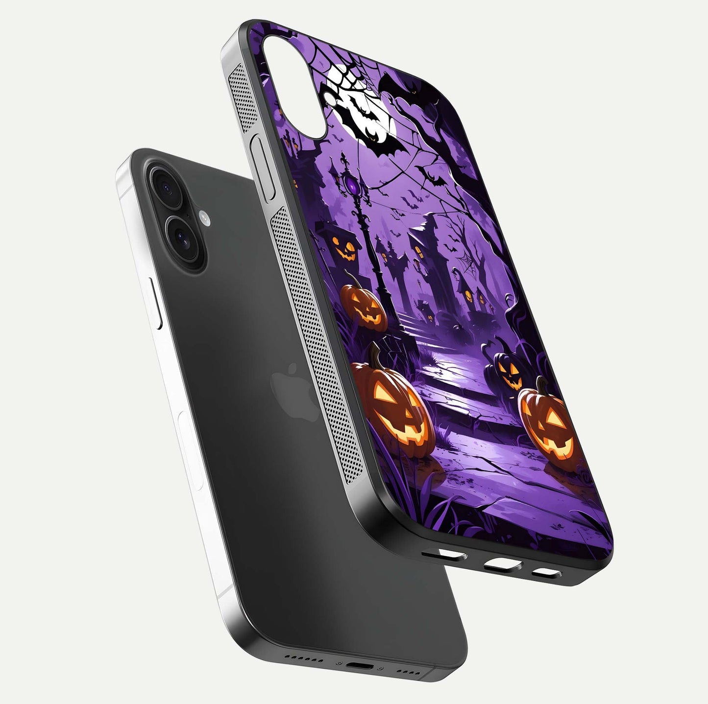 Pumpkin Patch Halloween Glass Case for iPhone 16 floating dual-view mockup displaying gloss and dark tone