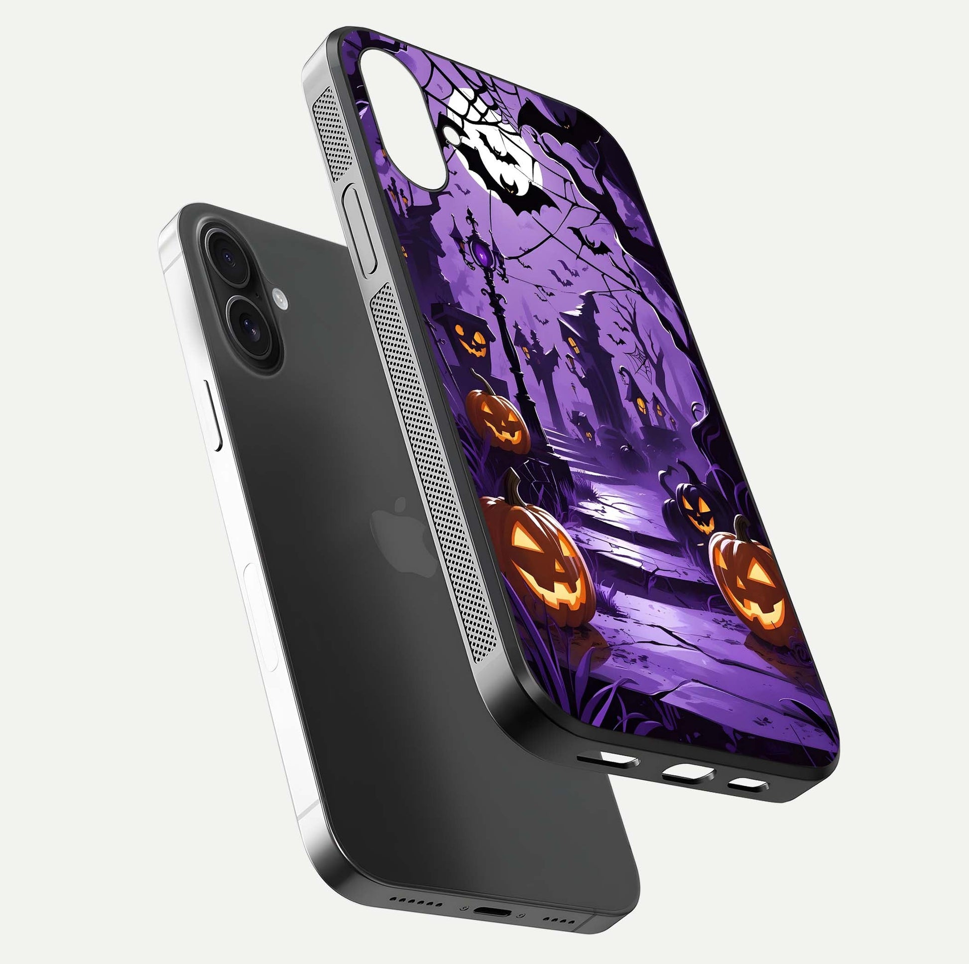 Pumpkin Patch Halloween Glass Case for iPhone 16 floating dual-view mockup displaying gloss and dark tone
