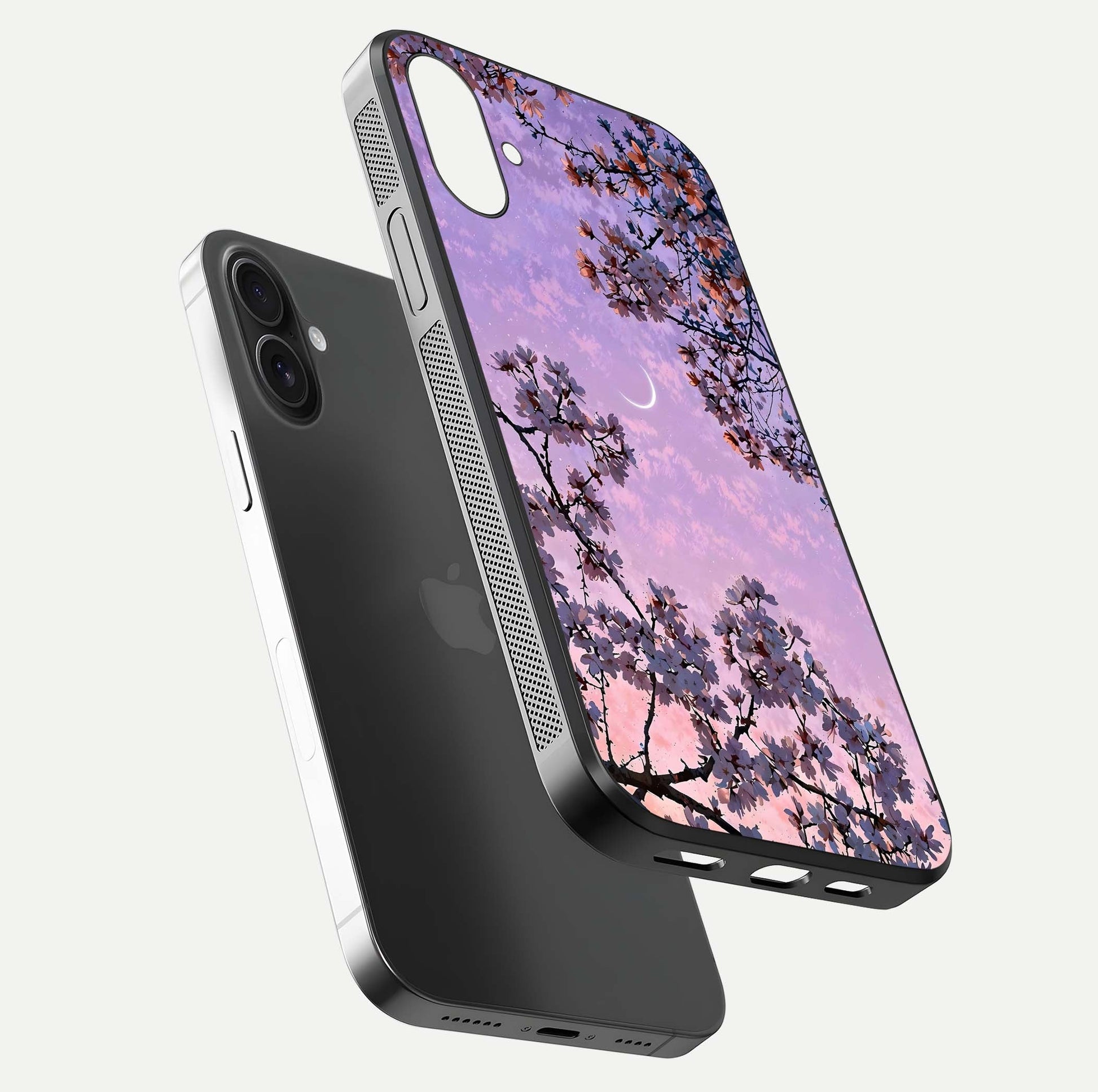 Purple Serenity Moon Glass Case for iPhone 16 floating dual-view mockup showing gloss and cosmic detail