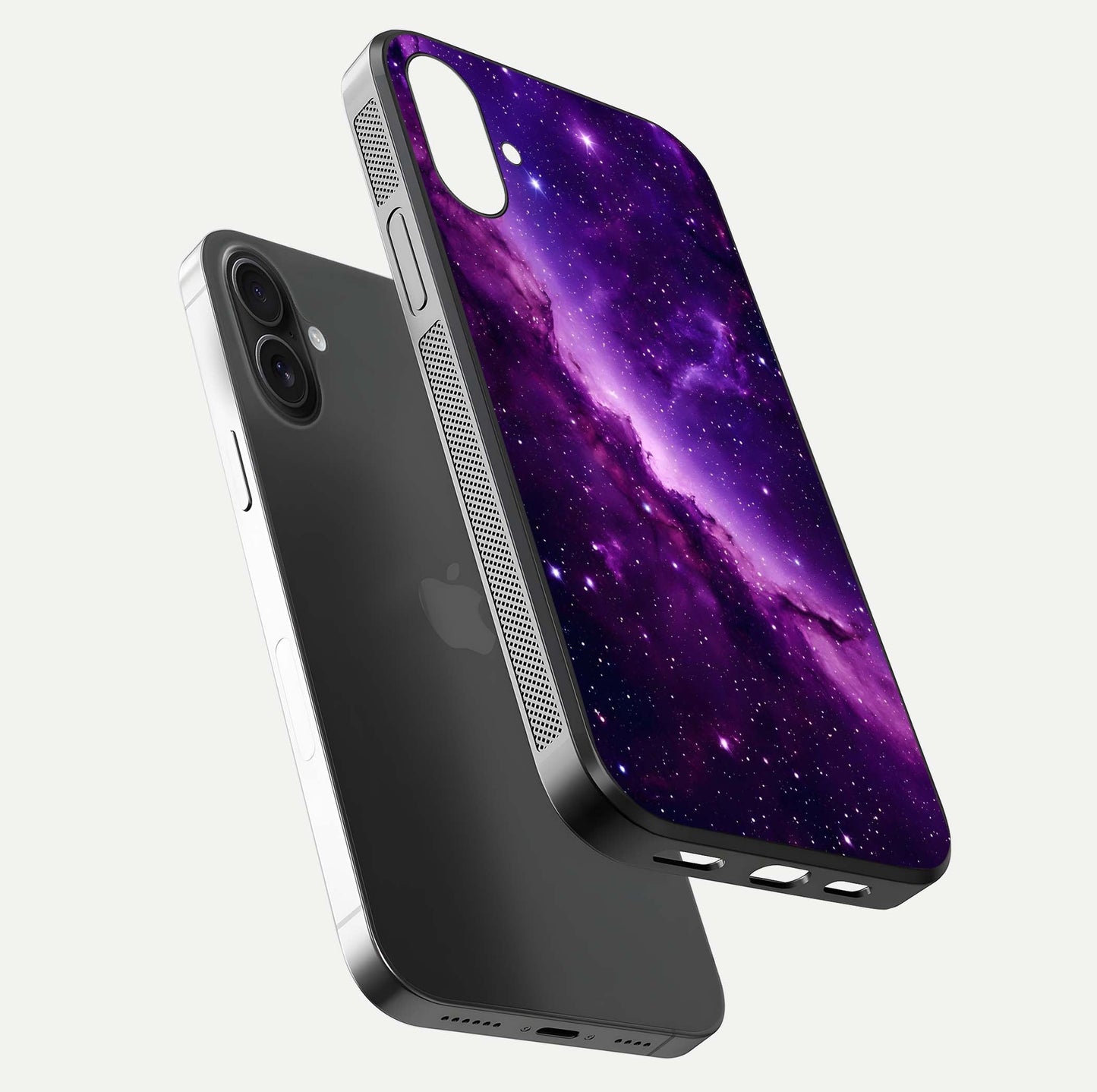 Purple Shade Sky Glass Case for iPhone 16 floating dual-view mockup displaying gloss and sky theme
