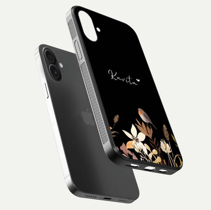 Quiet Garden Tune Custom Name Glass Case for iPhone 16 floating dual-view mockup showing gloss and elegant detail