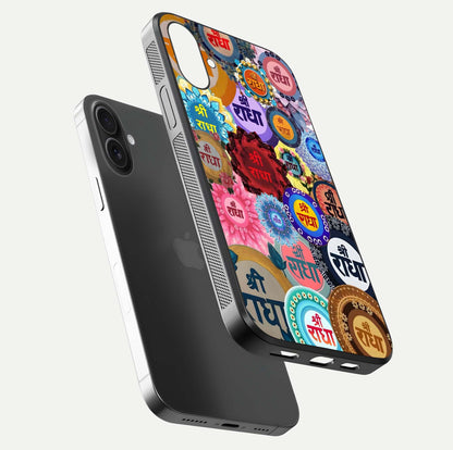 Radha Divine Bloom Glass Case for iPhone 16 floating dual-view mockup showing gloss depth and HD art