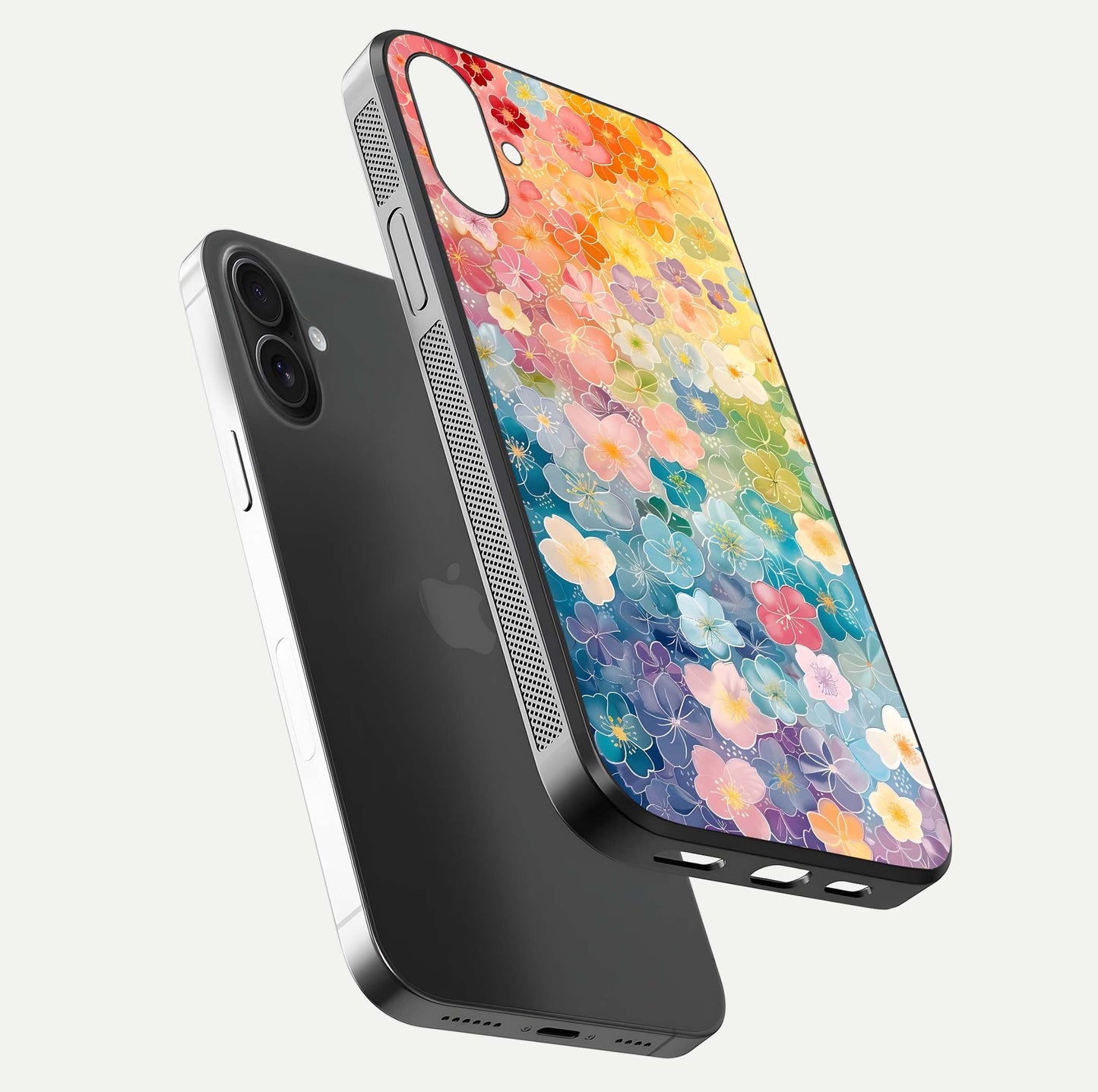 Rainbow Blossom Burst Glass Case for iPhone 16 floating dual-view mockup displaying gloss and gradient pattern