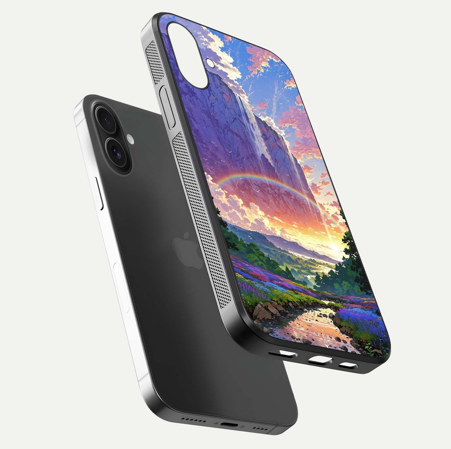 Rainbow Valley Dream Glass Case for iPhone 16 floating dual-view mockup showing gloss texture and dream vibe