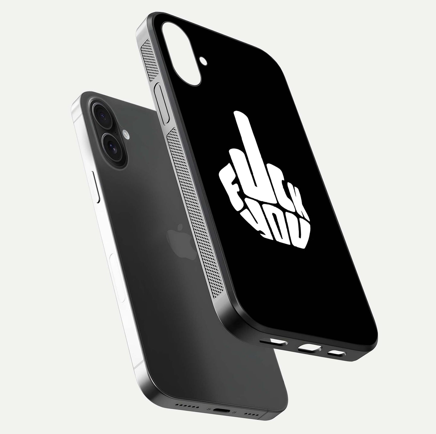 Rebel Mode On Glass Case for iPhone 16 floating dual-view mockup displaying gloss shine and statement art