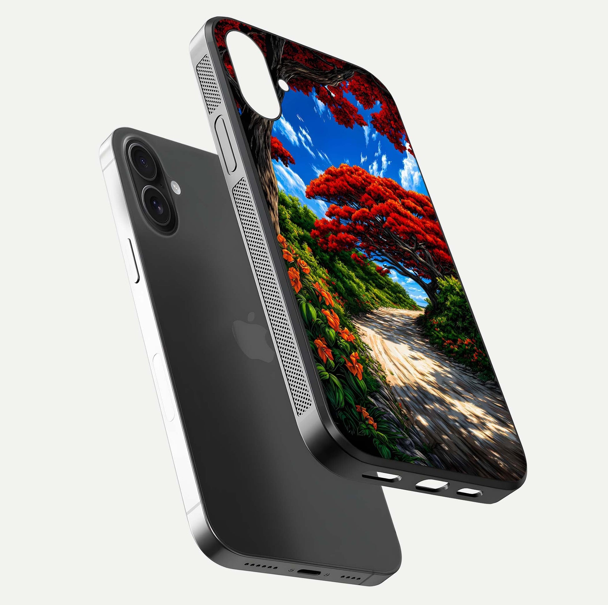 Red Trees Pathway Glass Case for iPhone 16 floating dual-view mockup displaying gloss texture and print depth