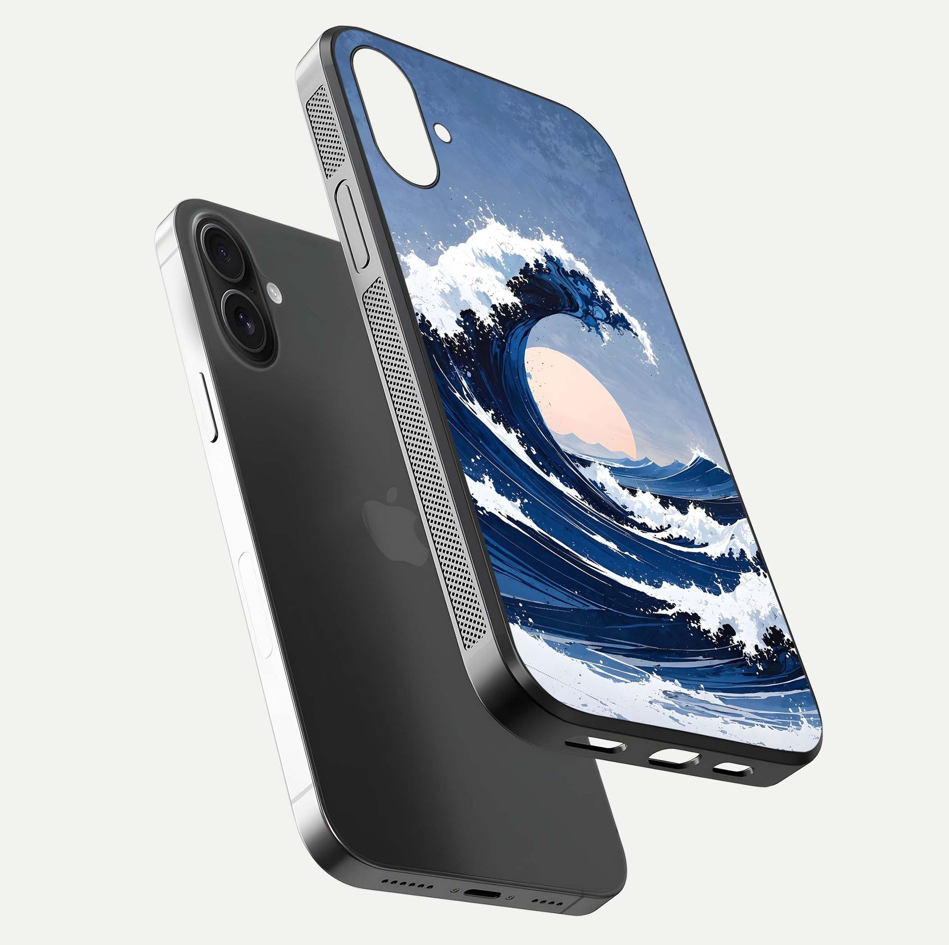 Rising Tide Power Glass Case for iPhone 16 floating dual-view mockup displaying gloss texture and flow pattern