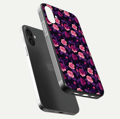 Rose Garden Twilight Glass Case for iPhone 16 floating dual-view mockup displaying gloss surface and depth
