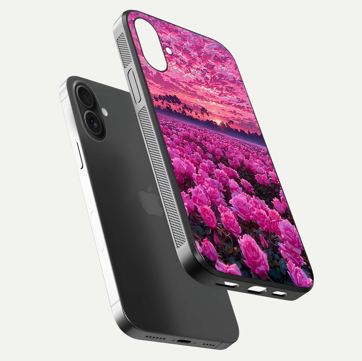 Rose Sunset Valley Glass Case for iPhone 16 floating dual-view mockup showing gloss reflection and art depth