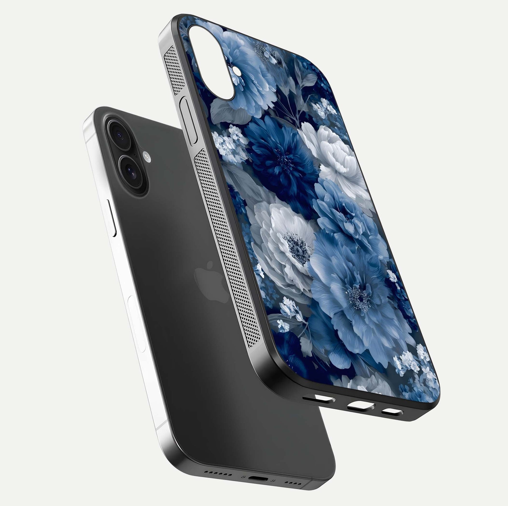 Royal Bloom Garden Glass Case for iPhone 16 floating dual-view mockup displaying gloss and print clarity