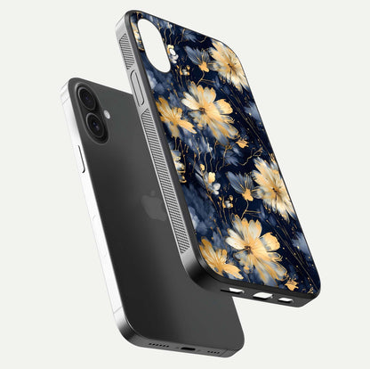 Royal Petal Dream Glass Case for iPhone 16 floating dual-view mockup displaying gloss reflection and tone contrast