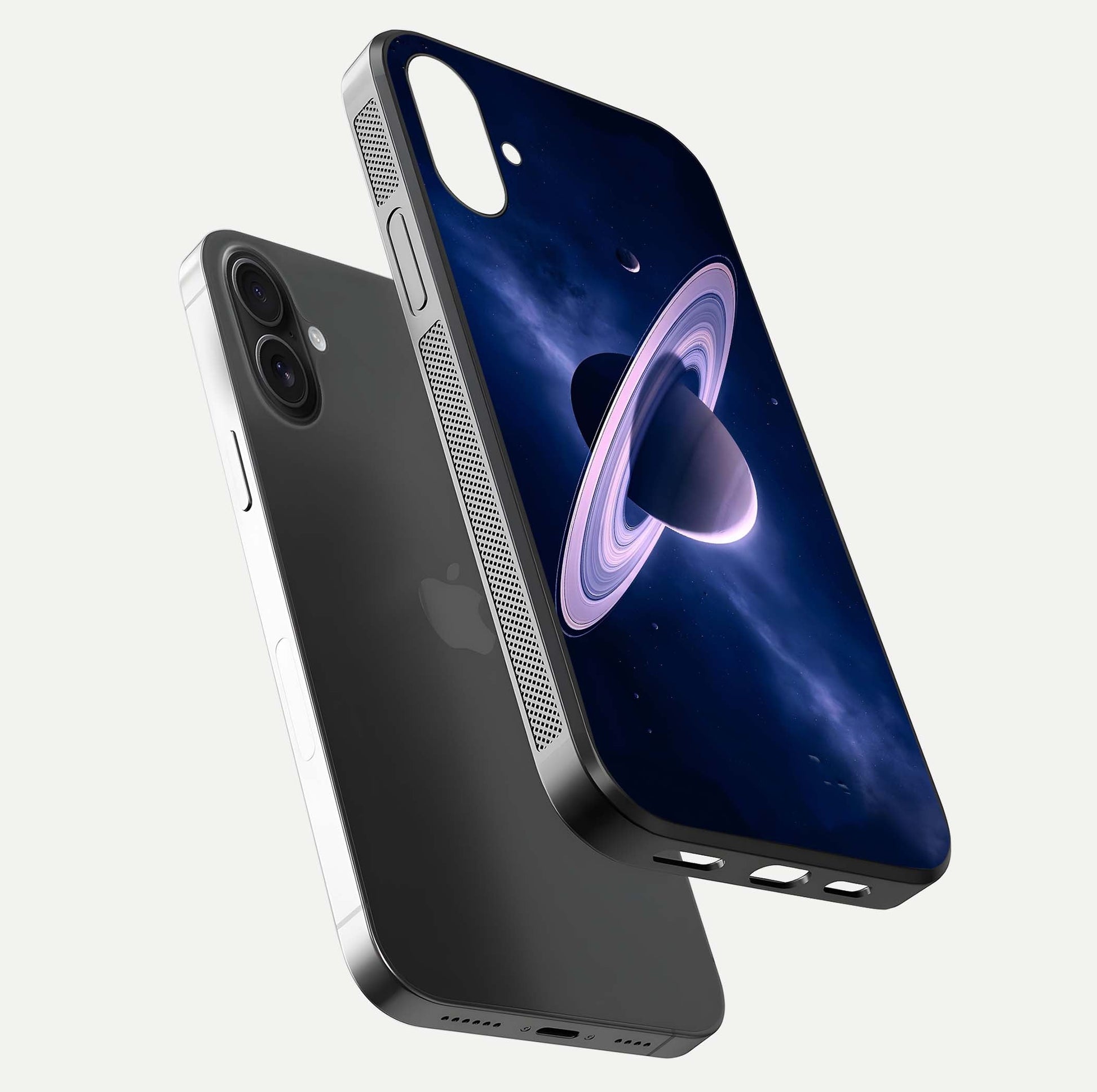 Saturn Ring Mystique Glass Case for iPhone 16 floating dual-view mockup showing gloss finish and star detail