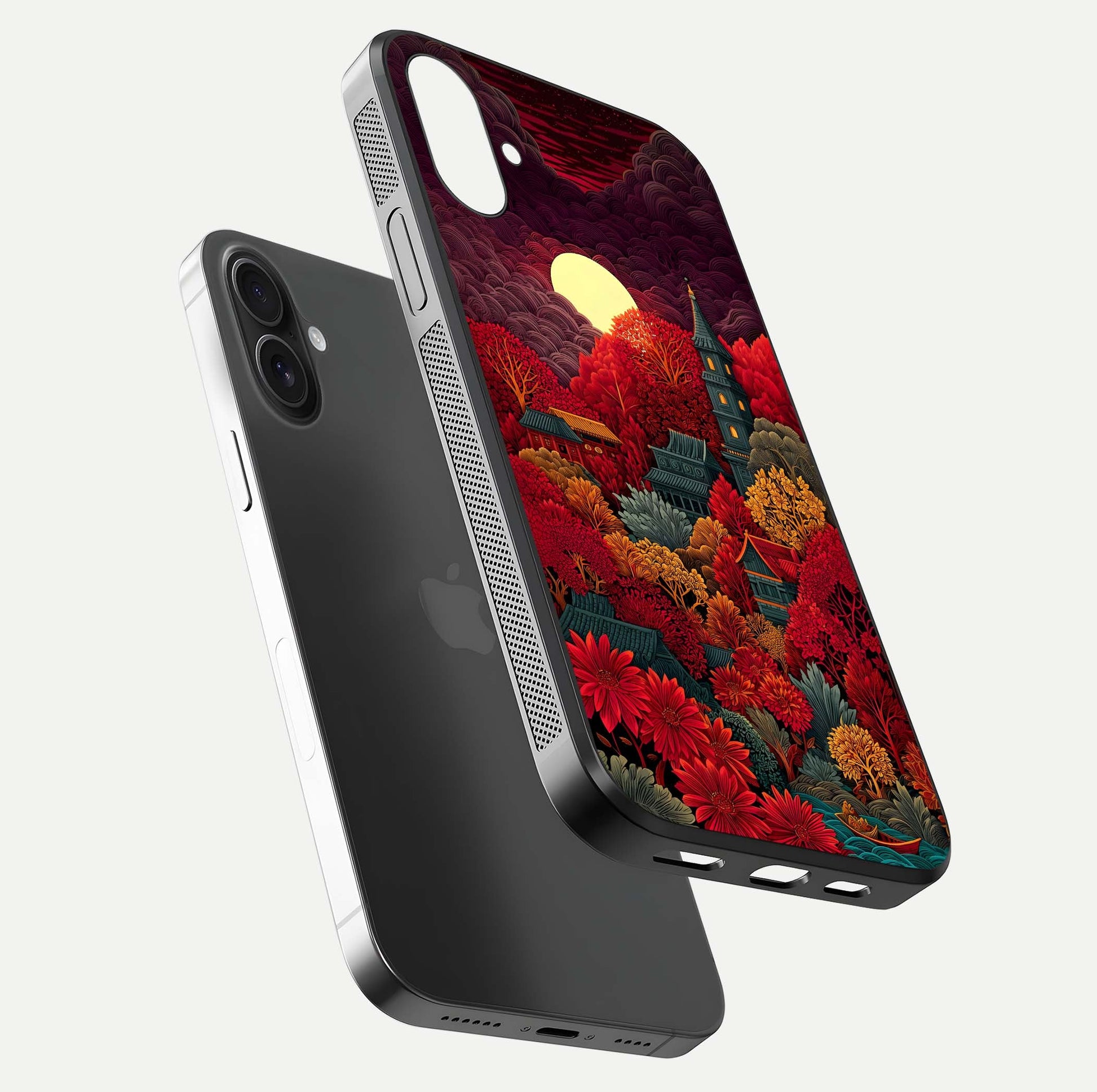 Scarlet Autumn Temple Glass Case for iPhone 16 floating dual-view mockup displaying gloss shine and autumn tones