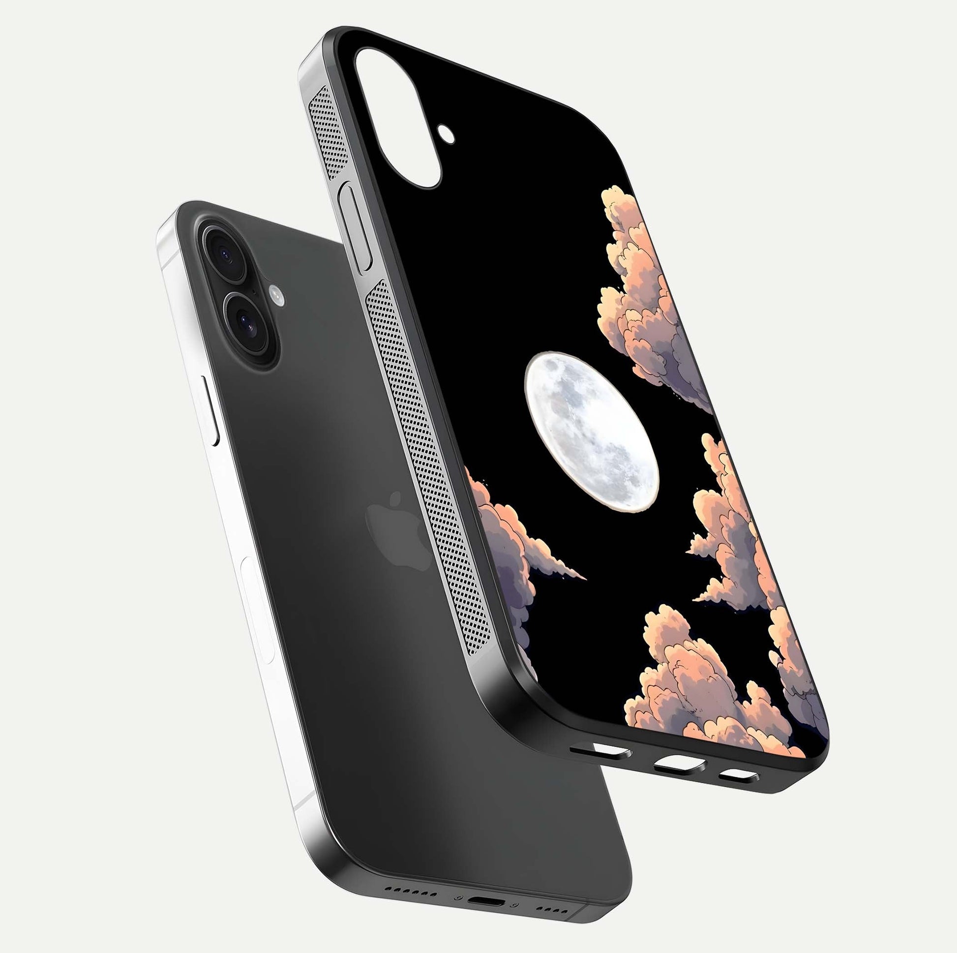 Shade Cloud Moon Glass Case for iPhone 16 floating dual-view mockup showing gloss and celestial texture