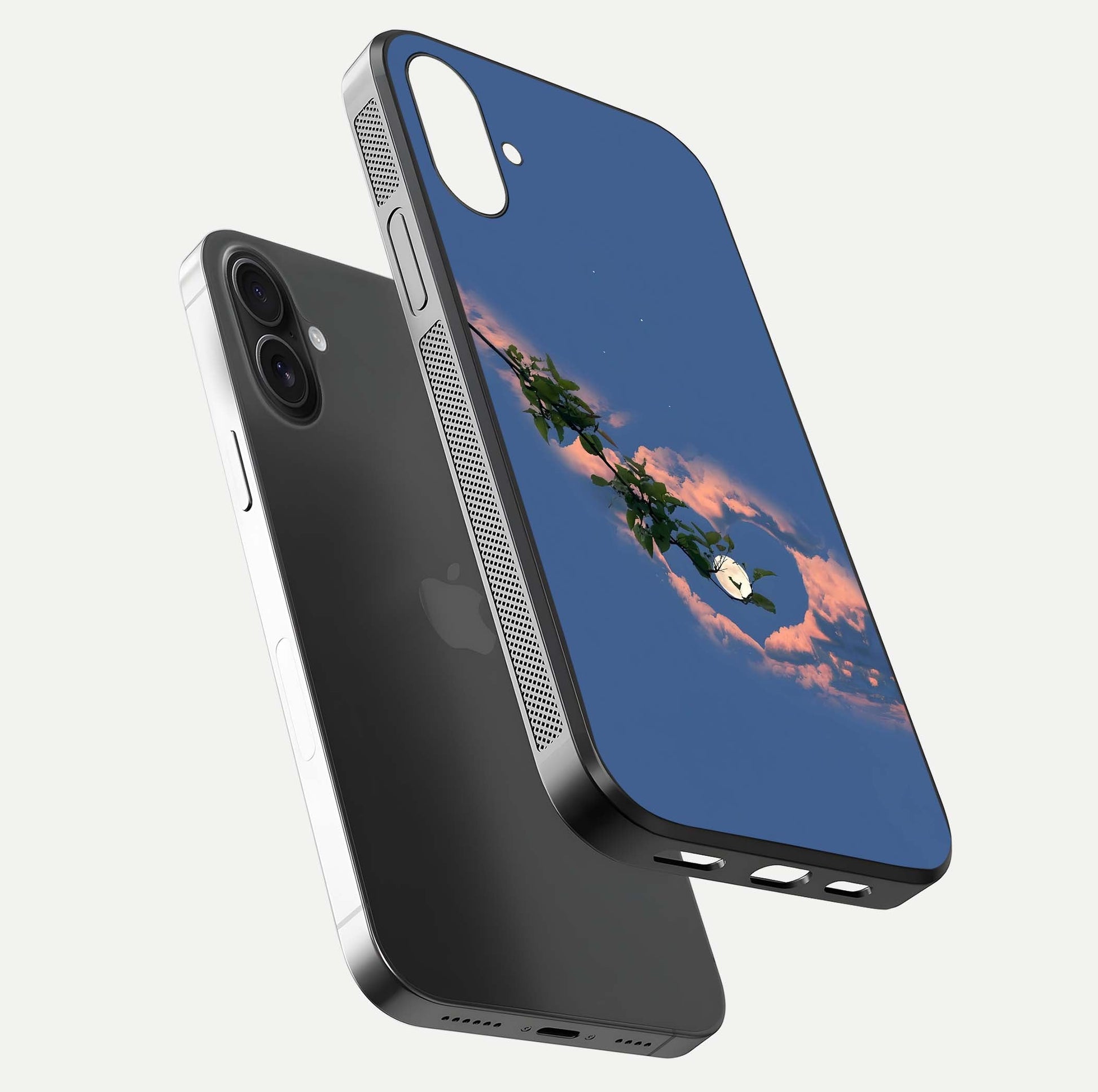Sky Under Tree Glass Case for iPhone 16 floating dual-view mockup displaying gloss reflection and landscape tone