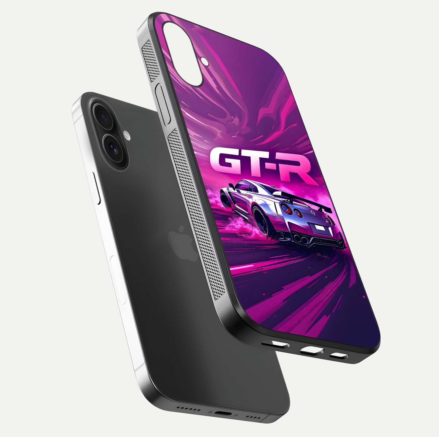Speed Drift Legend Glass Case for iPhone 16 floating dual-view mockup displaying gloss shine and motion effect