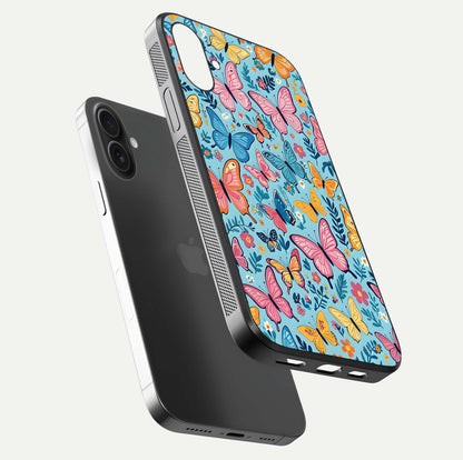 Spiritual Krishna Glass Case for iPhone 16 floating dual-view mockup displaying gloss shine and divine detail