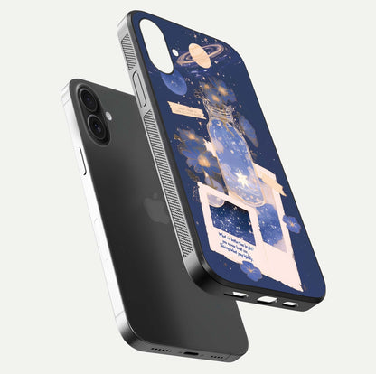 Starlit Cosmic Jar Glass Case for iPhone 16 floating dual-view mockup displaying gloss and starry depth