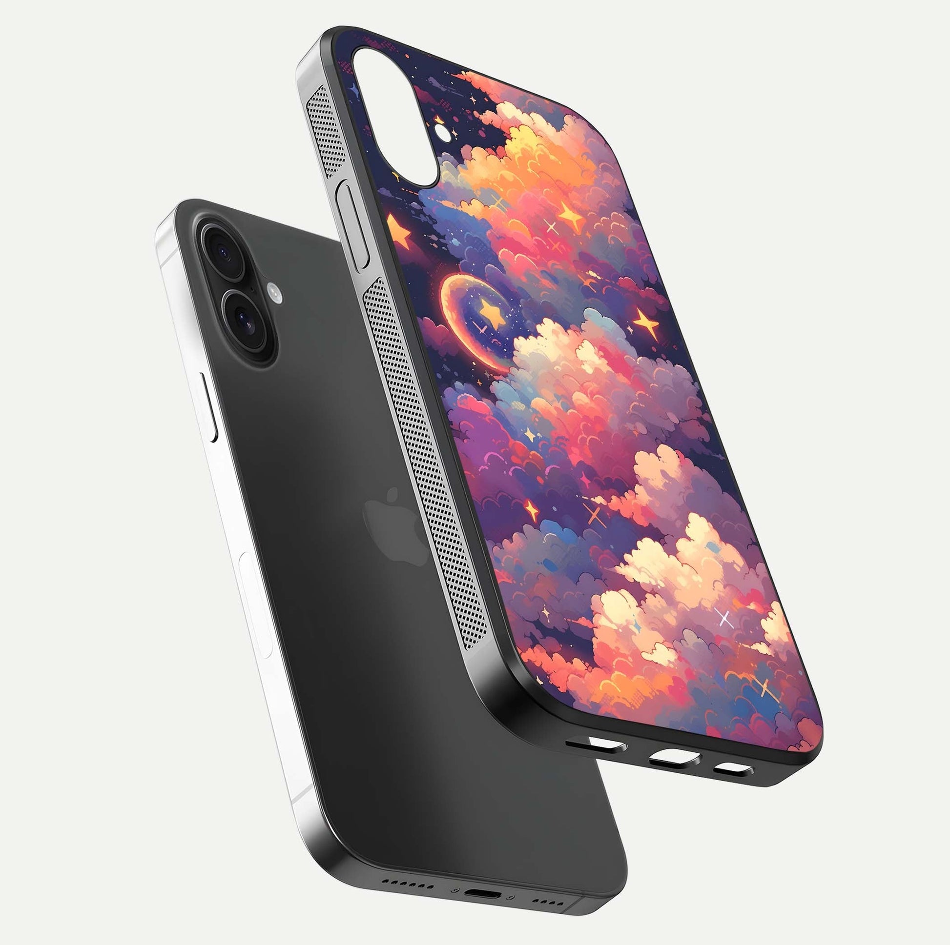 Starlit Dream Clouds Glass Case for iPhone 16 floating dual-view mockup displaying gloss and soft light detail