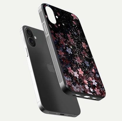 Starlit Flower Dreams Glass Case for iPhone 16 floating dual-view mockup displaying gloss and print clarity