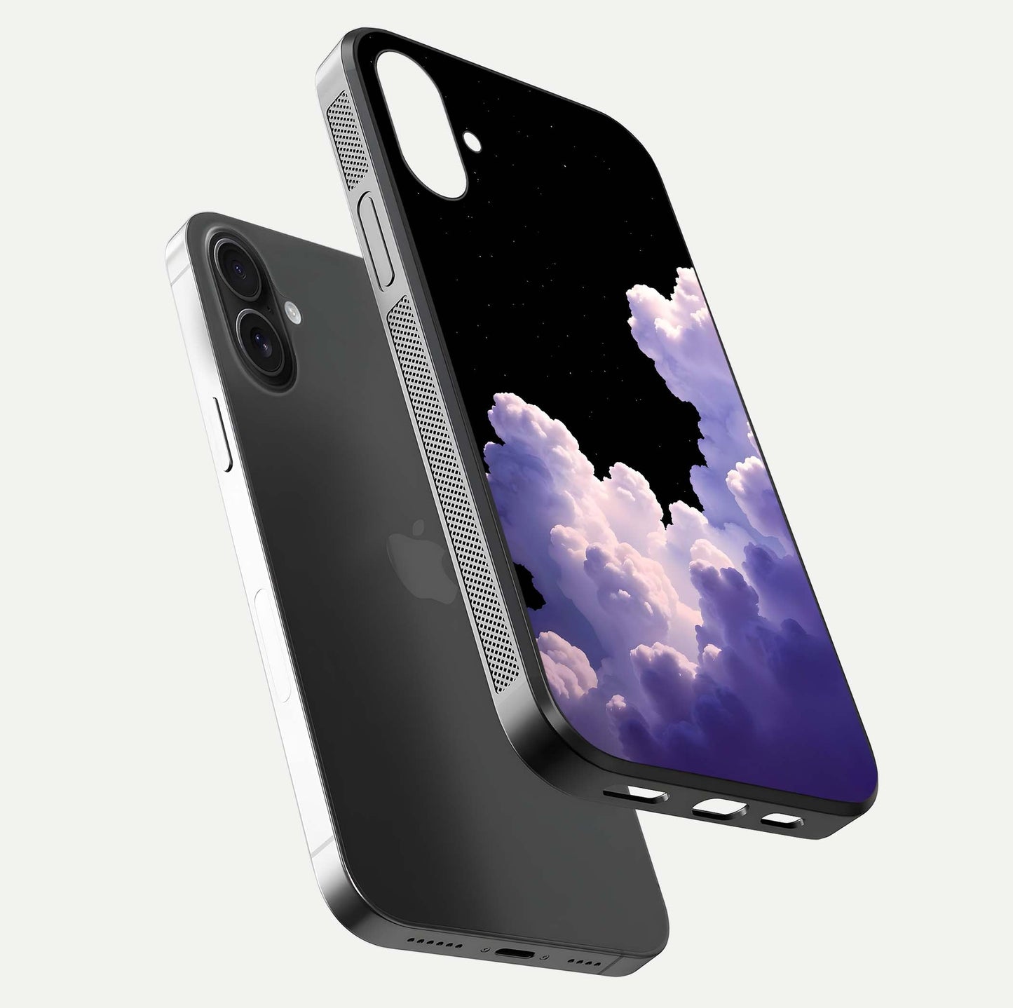 Starlit Night Whispers Glass Case for iPhone 16 floating dual-view mockup displaying gloss surface and depth