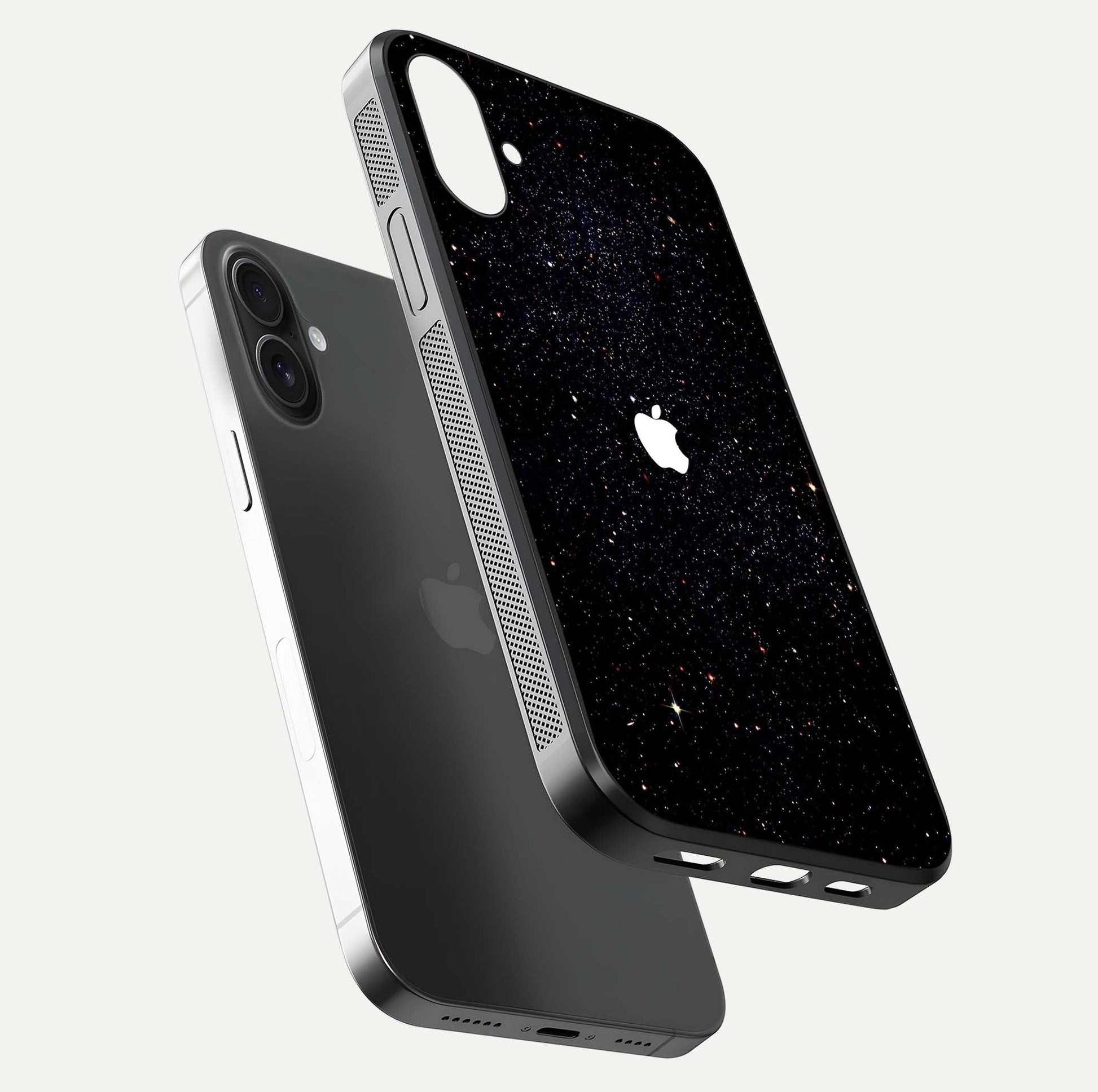 Starry Apple Galaxy Glass Case for iPhone 16 floating dual-view mockup displaying reflection and shine