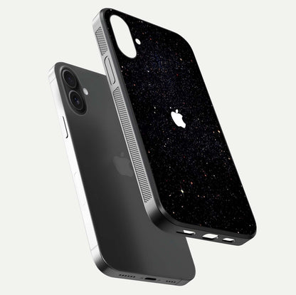 Starry Apple Galaxy Glass Case for iPhone 16 floating dual-view mockup displaying reflection and shine