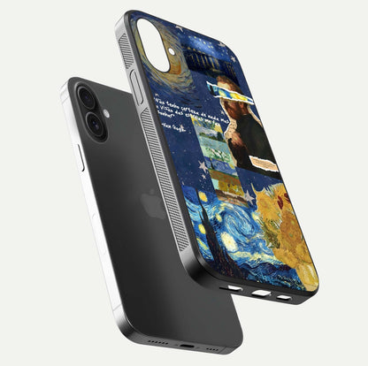 Starry Dream Vision Glass Case for iPhone 16 floating dual-view mockup displaying gloss surface and clarity