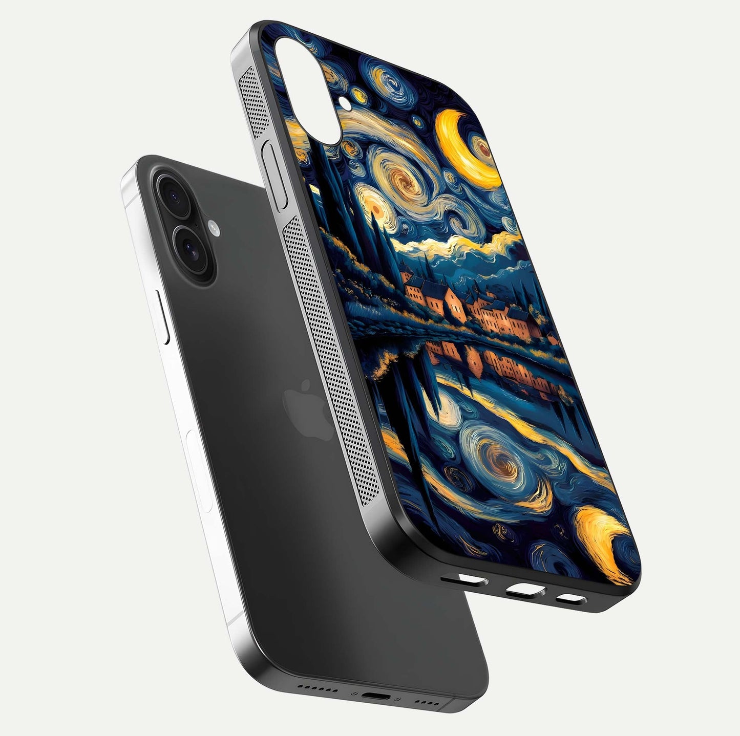 Starry Sky Serenity Glass Case for iPhone 16 floating dual-view mockup displaying gloss texture and shine