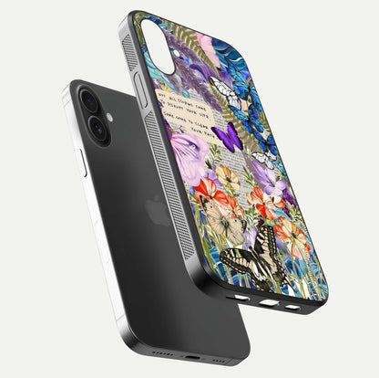Storm Path Bloom Glass Case for iPhone 16 floating dual-view mockup displaying gloss and pattern depth