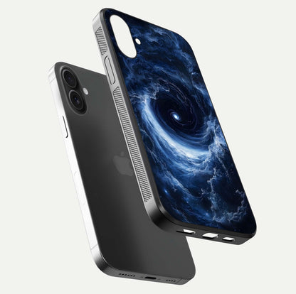 Stunning Galaxy Glass Case for iPhone 16 floating dual-view mockup displaying gloss shine and vivid print depth