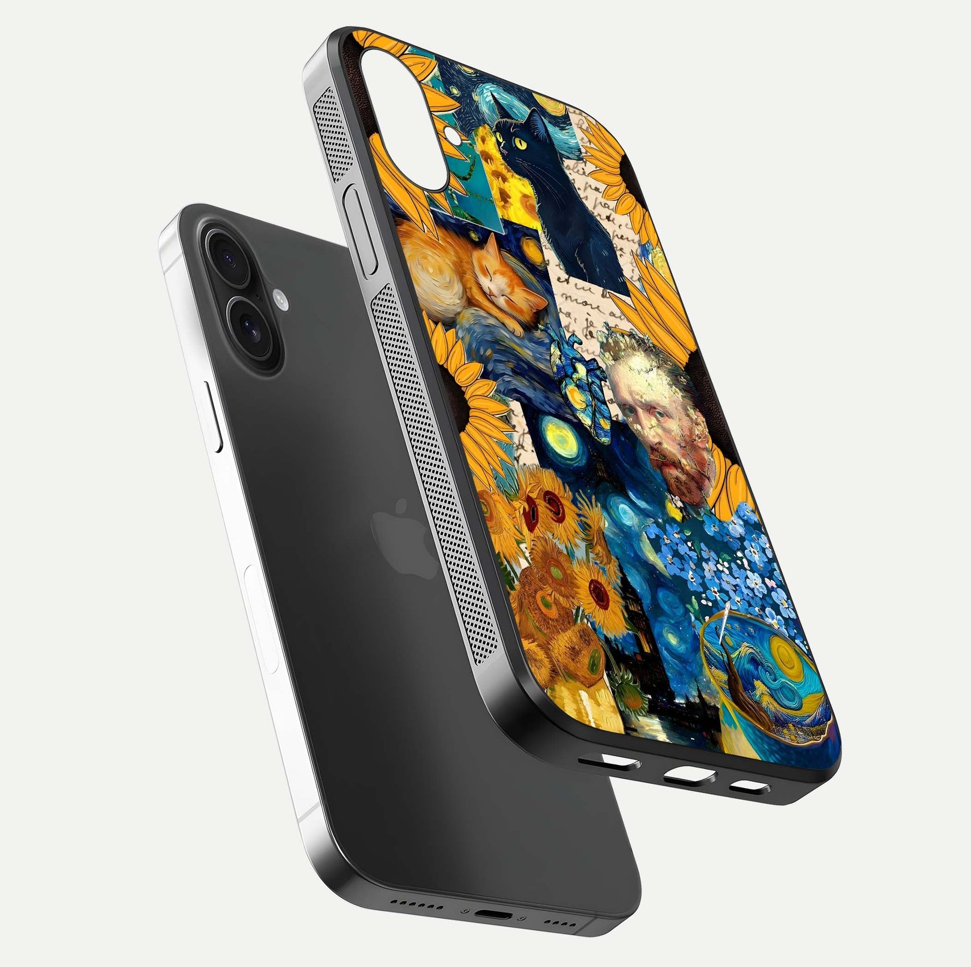 Sun Moon Balance Glass Case for iPhone 16 floating dual-view mockup displaying gloss surface and edge clarity