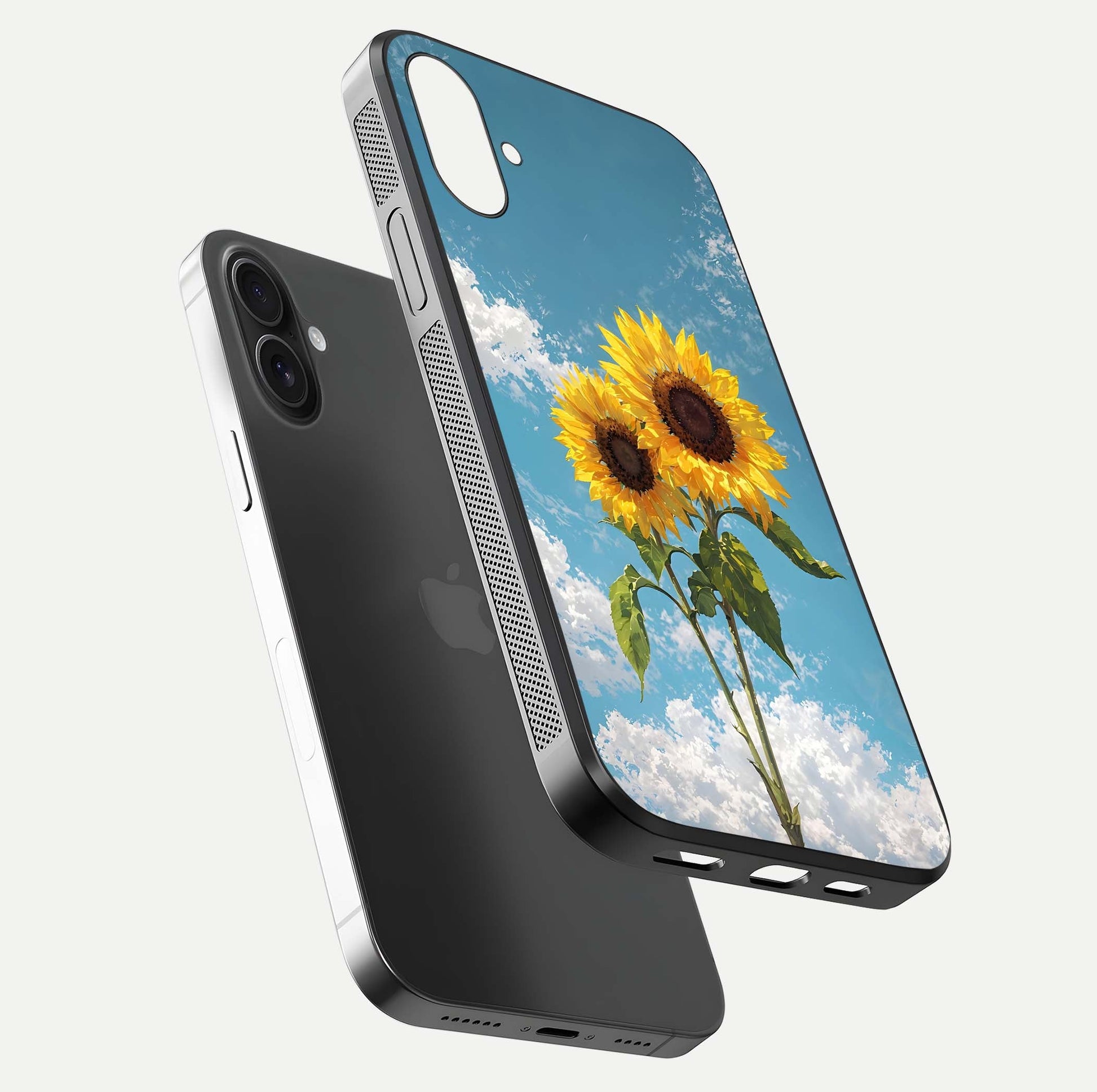 Sunflower Chic Mood Custom Name Glass Case for iPhone 16 floating dual-view mockup displaying gloss texture and detail