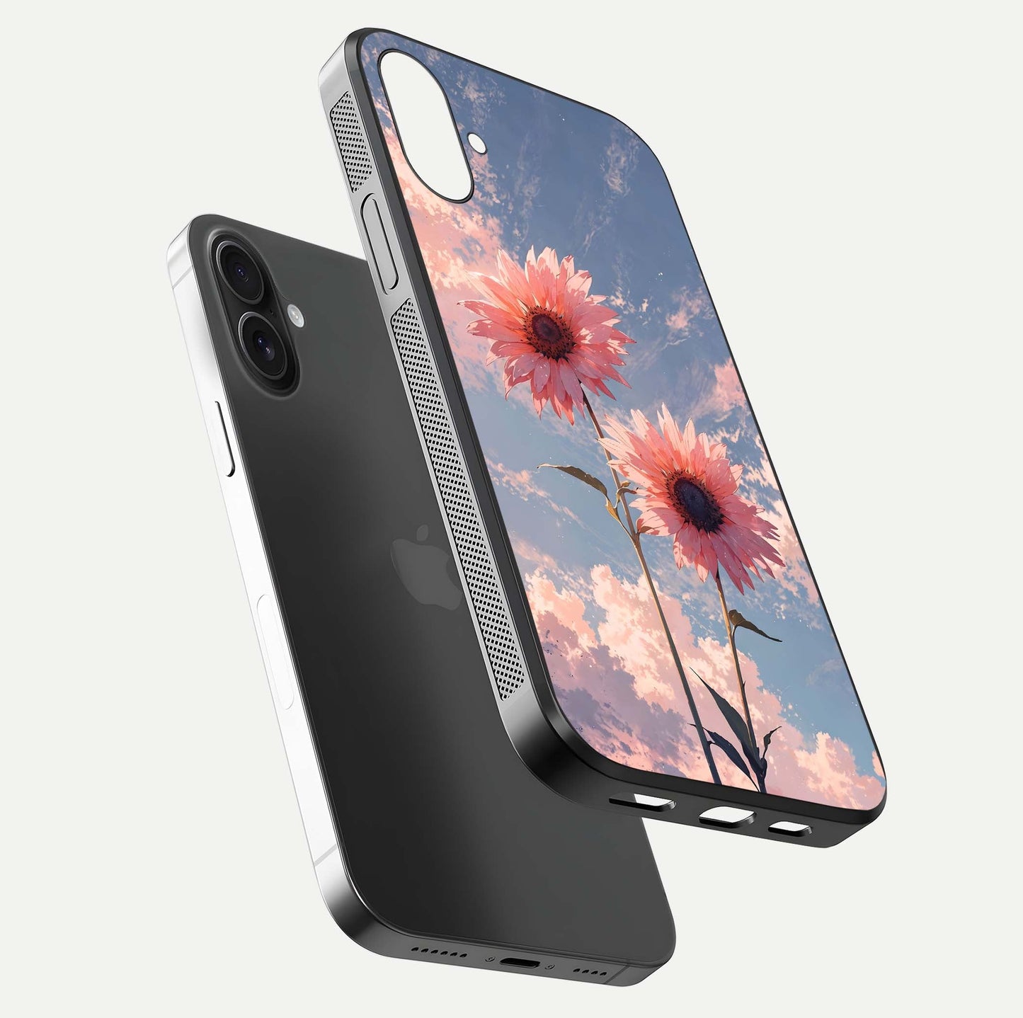 Sunflower Sky Bloom Glass Case for iPhone 16 floating dual-view mockup displaying gloss shine and vibrant texture