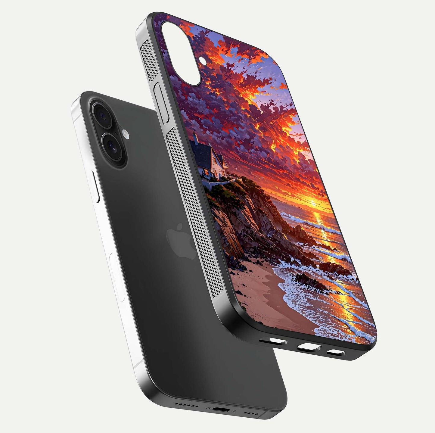 Sunset House by Sea Glass Case for iPhone 16 floating dual-view mockup displaying gloss shine and depth