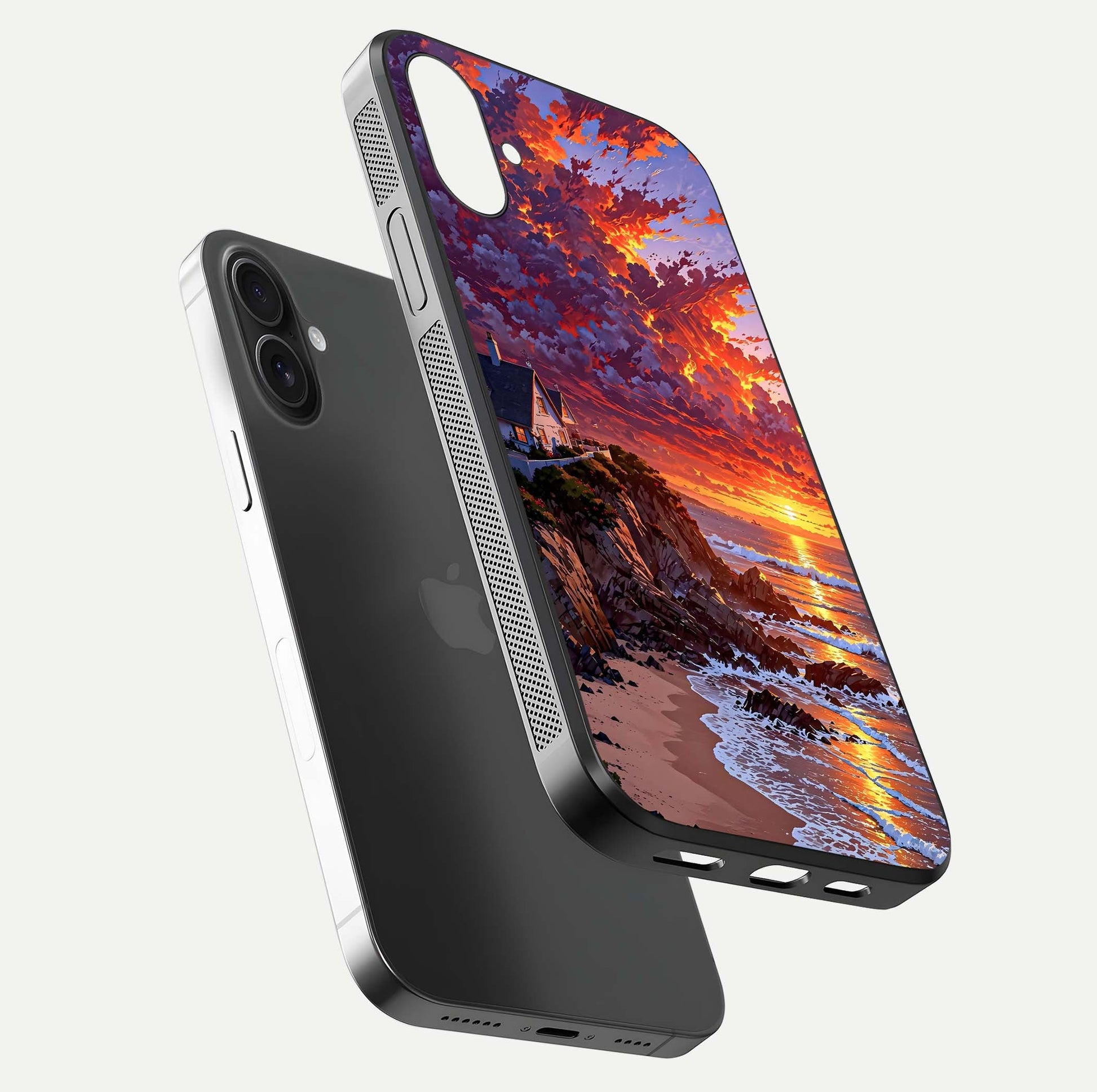 Sunset House by Sea Glass Case for iPhone 16 floating dual-view mockup displaying gloss shine and depth