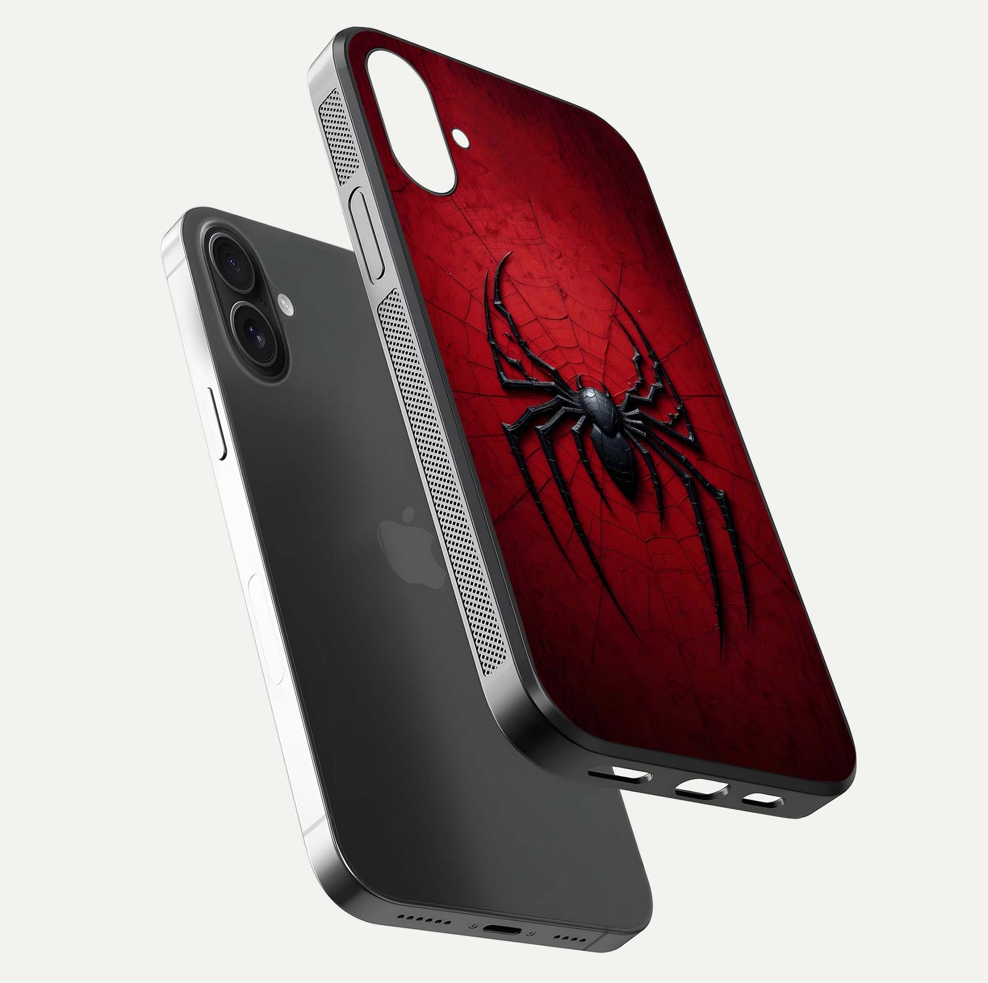 Venom Web Emblem Glass Case for iPhone 16 floating dual-view mockup displaying gloss shine and HD print