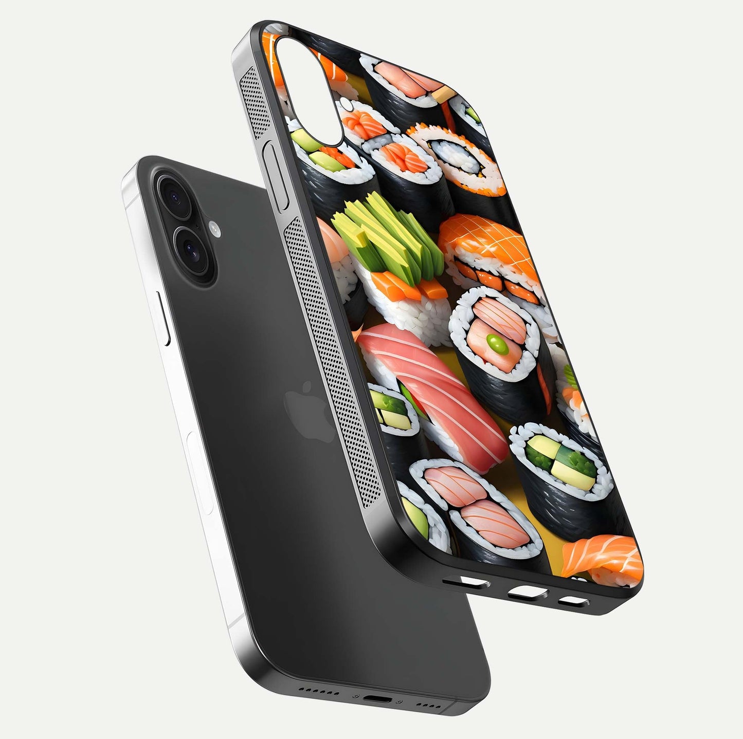 Sushi Food Pattern Glass Case for iPhone 16 floating dual-view mockup displaying gloss and HD pattern