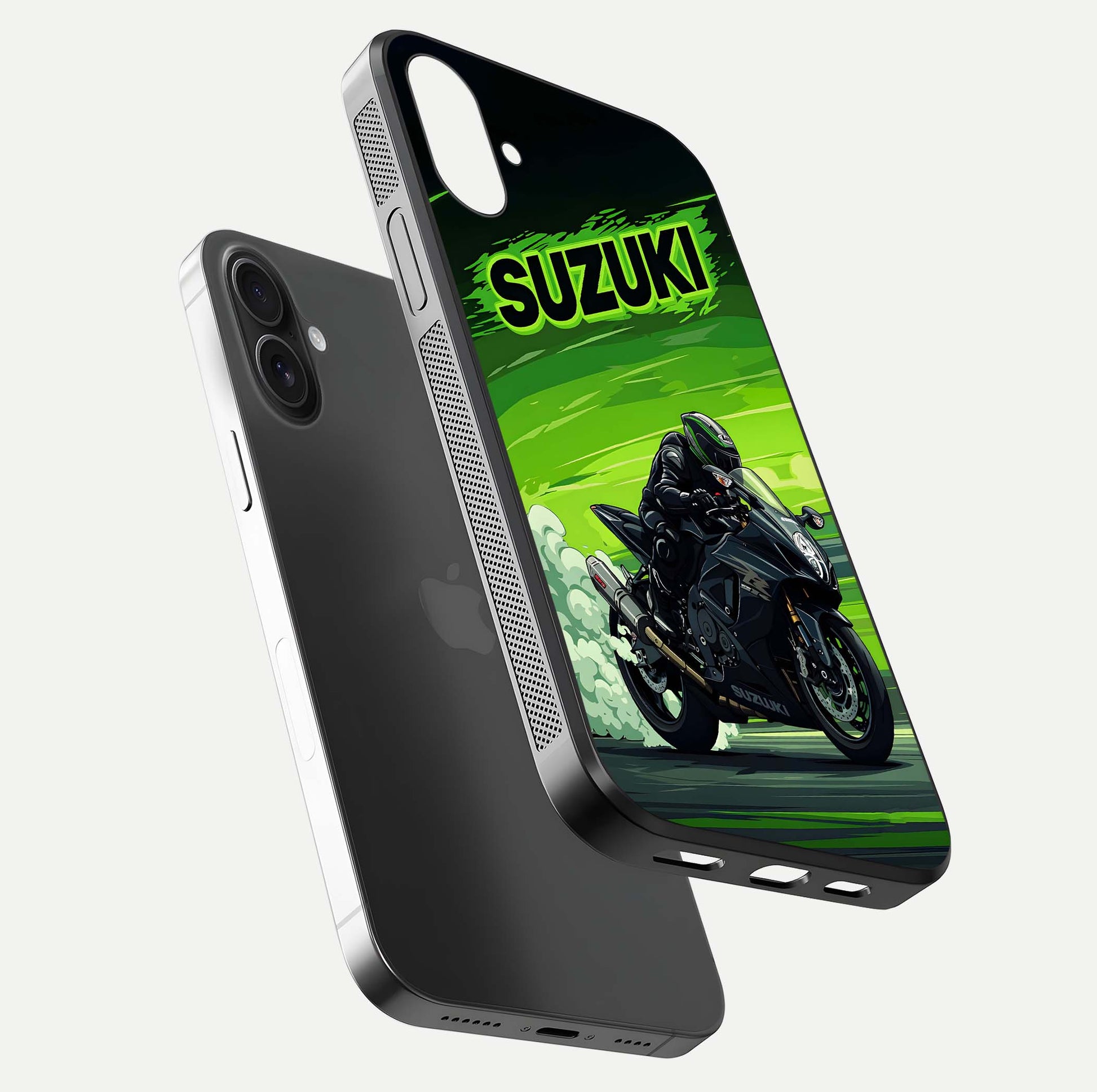 Suzuki Speed Beast Glass Case for iPhone 16 floating dual-view mockup displaying gloss texture and shine