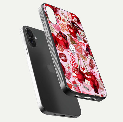 Sweet Cherry Chaos Glass Case for iPhone 16 floating dual-view mockup displaying gloss surface and depth