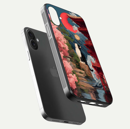 Temple Cat Scenery Glass Case for iPhone 16 floating dual-view mockup displaying gloss and depth detail