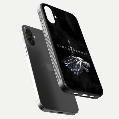 Throne Wolf Legacy Glass Case for iPhone 16 floating dual-view mockup displaying gloss depth and wolf artwork