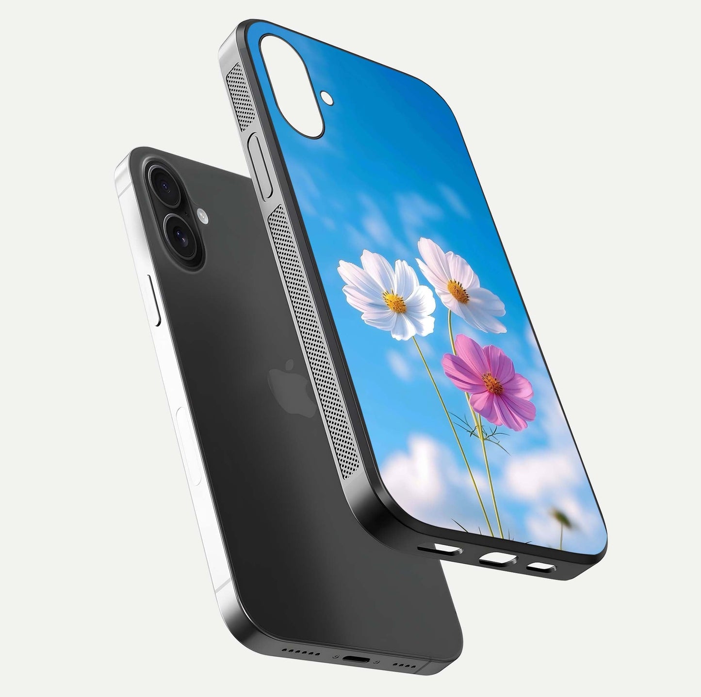 Triple Flowers With Sky Glass Case for iPhone 16 floating dual-view mockup displaying gloss and soft hues