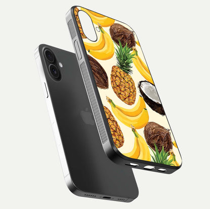 Tropical Fruit Mood Glass Case for iPhone 16 floating dual-view mockup displaying gloss and vibrant colors